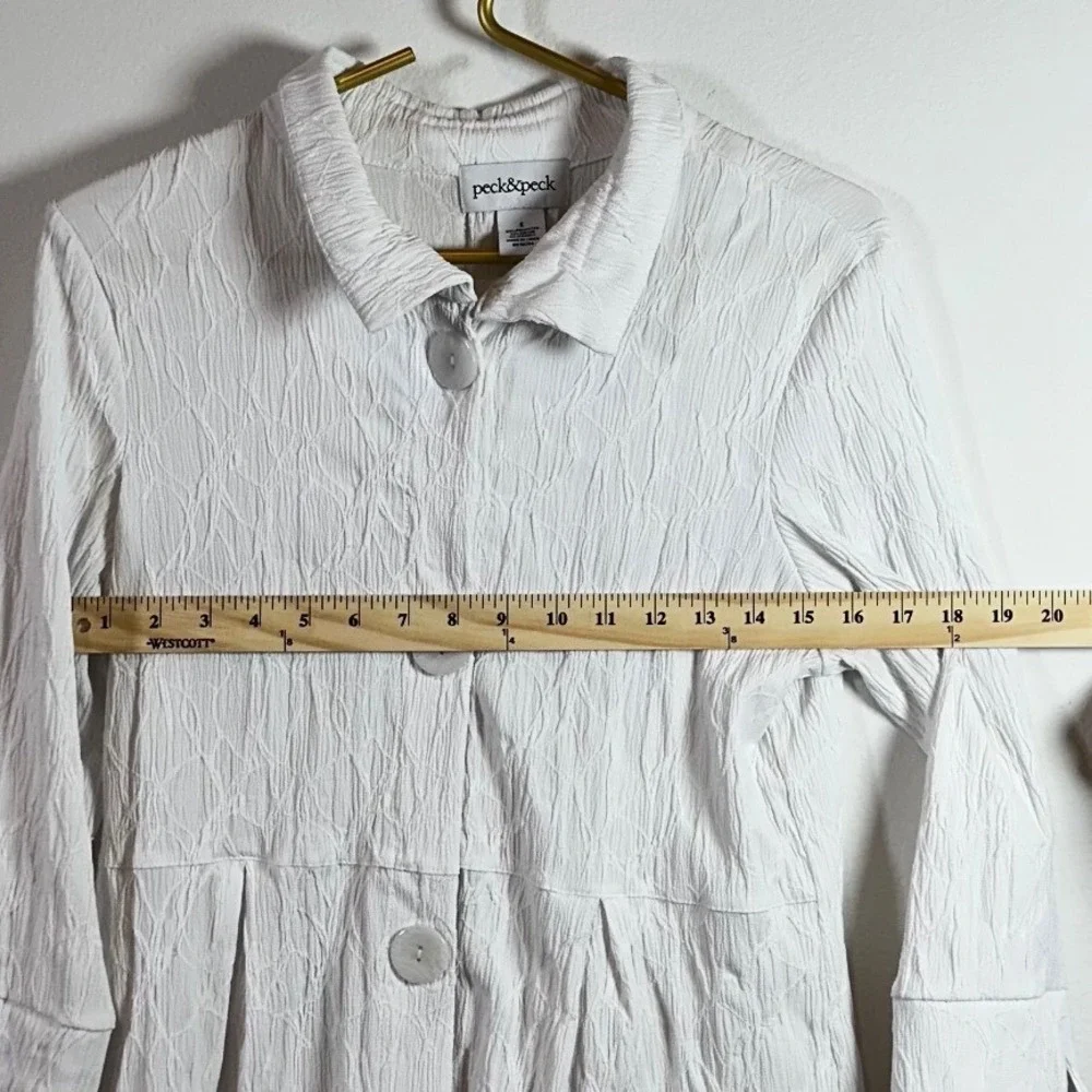 Peck & Peck Soft Luxury Tailored White Textured Crinkle Button Peplum Vintage S - Picture 6 of 8